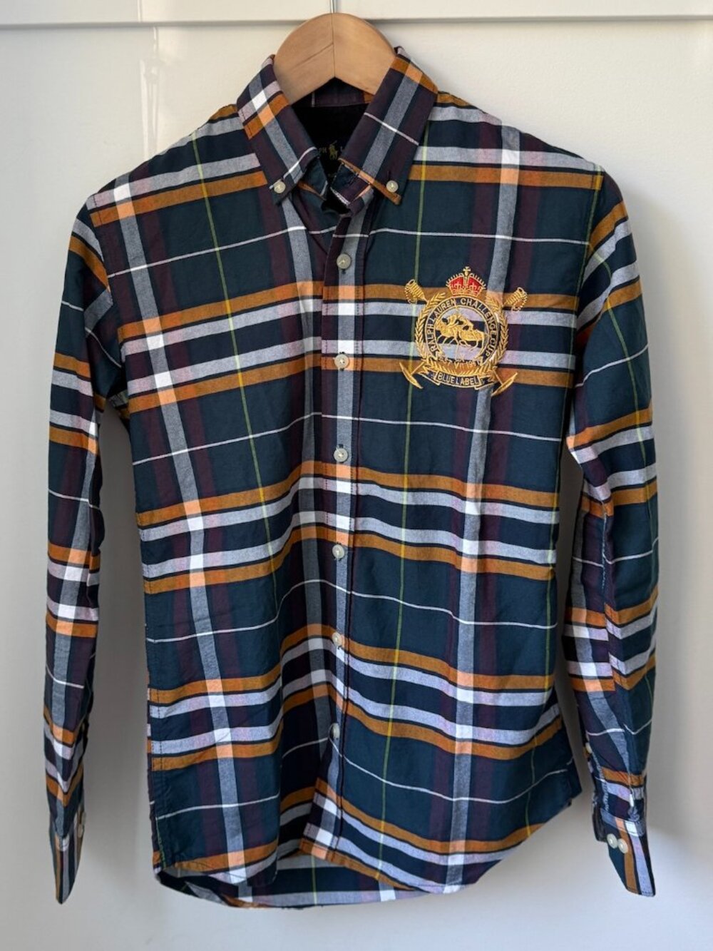 RALPH LAUREN Blue Label Challenge Cup Plaid Button Down Shirt Crest - Size S